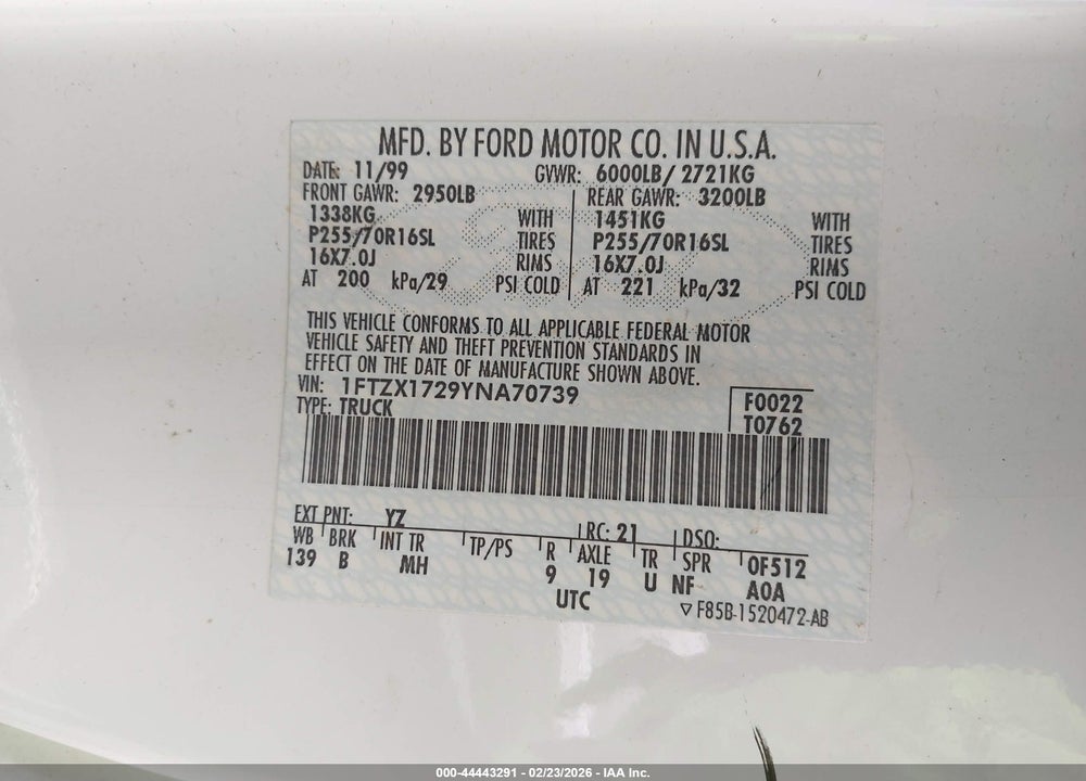 2000 FORD F-150 WORK SERIES/XL/XLT VIN: 1FTZX1729YNA70739