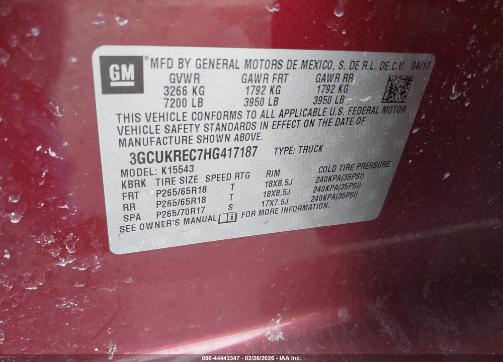 2017 CHEVROLET SILVERADO 1500 2LT VIN: 3GCUKREC7HG417187