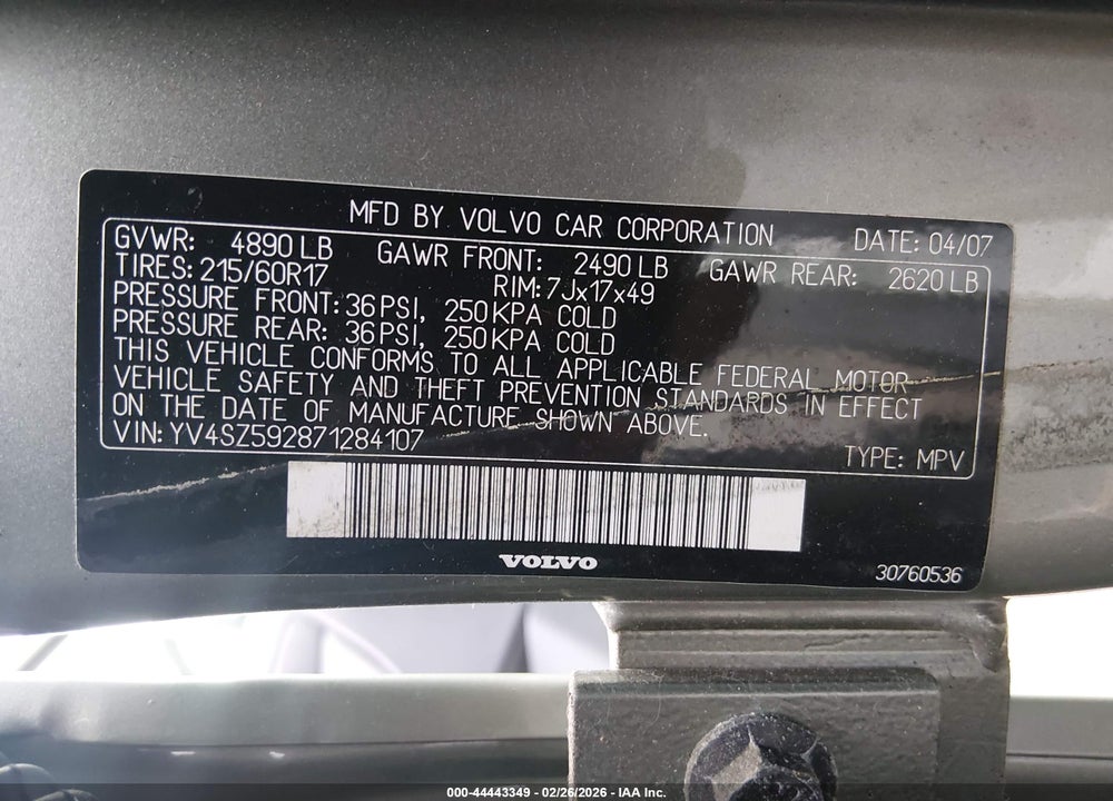 2007 VOLVO XC70 2.5T VIN: YV4SZ592871284107