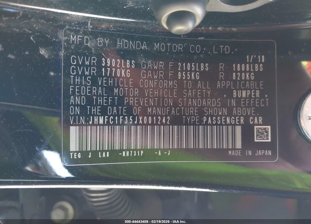 2018 HONDA CIVIC EX-T VIN: JHMFC1F35JX001242