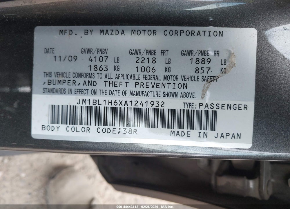 2010 MAZDA 3 VIN: JM1BL1H6XA1241932