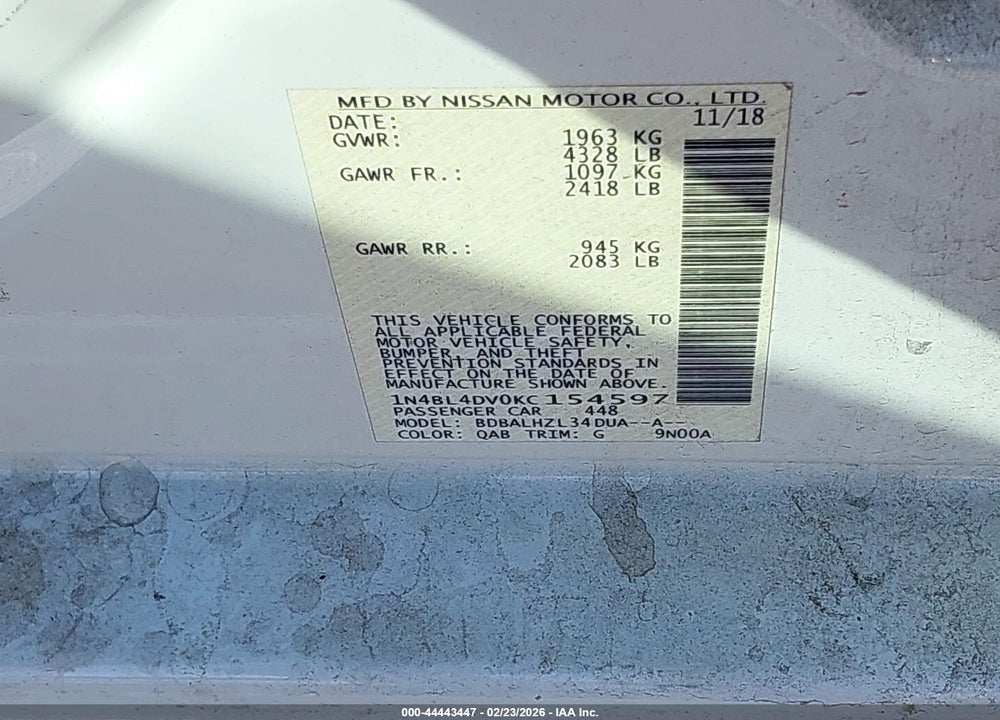 2019 NISSAN ALTIMA 2.5 SV VIN: 1N4BL4DV0KC154597