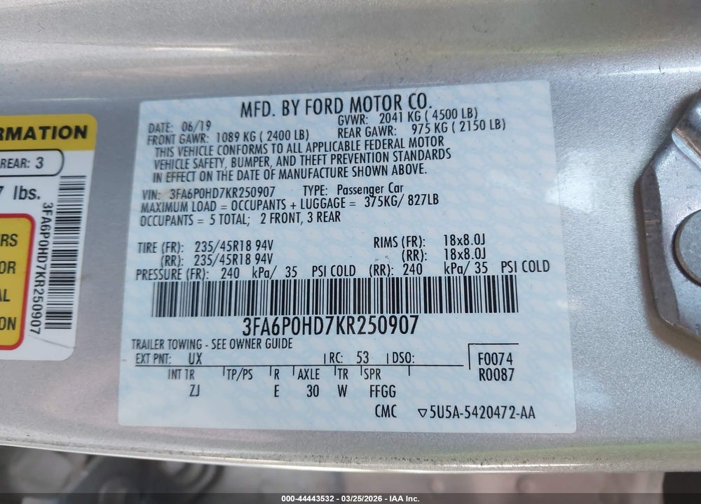 2019 FORD FUSION SE VIN: 3FA6P0HD7KR250907