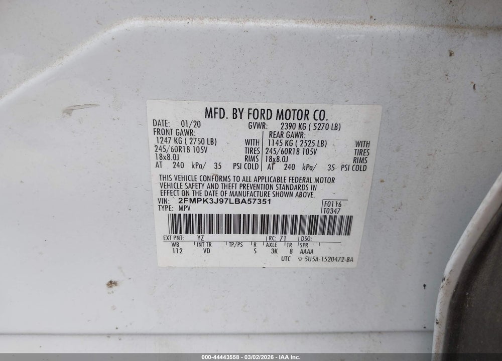 2020 FORD EDGE SEL VIN: 2FMPK3J97LBA57351