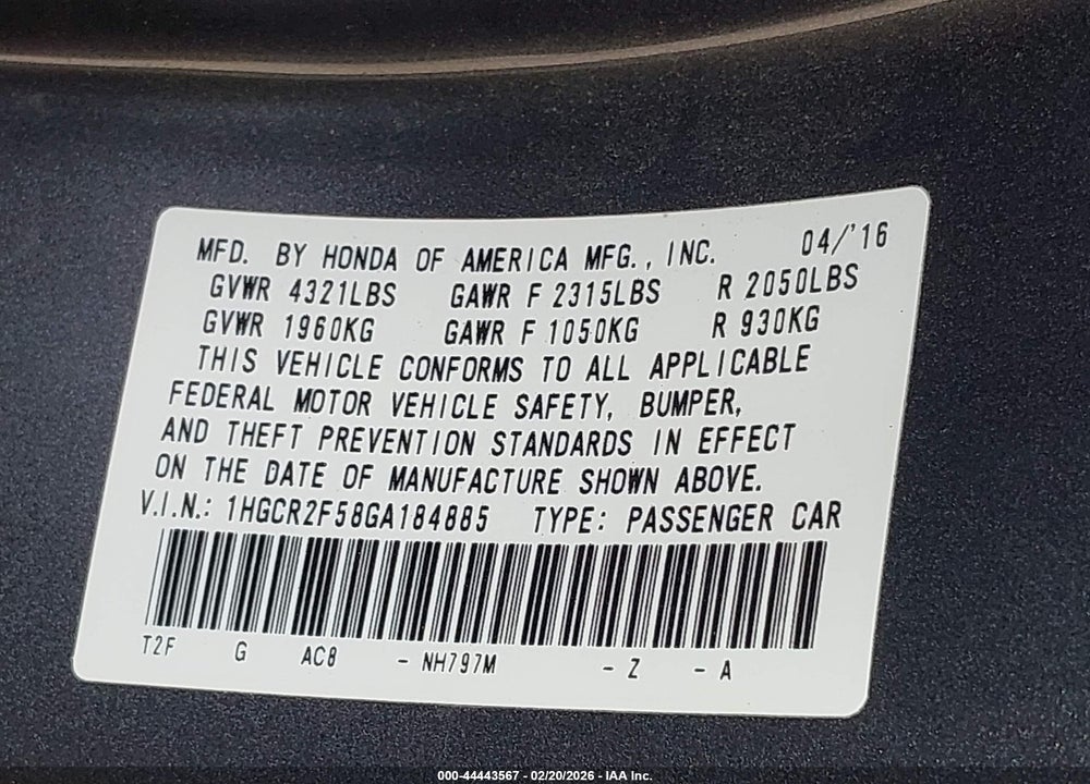 2016 HONDA ACCORD SPORT VIN: 1HGCR2F58GA184885
