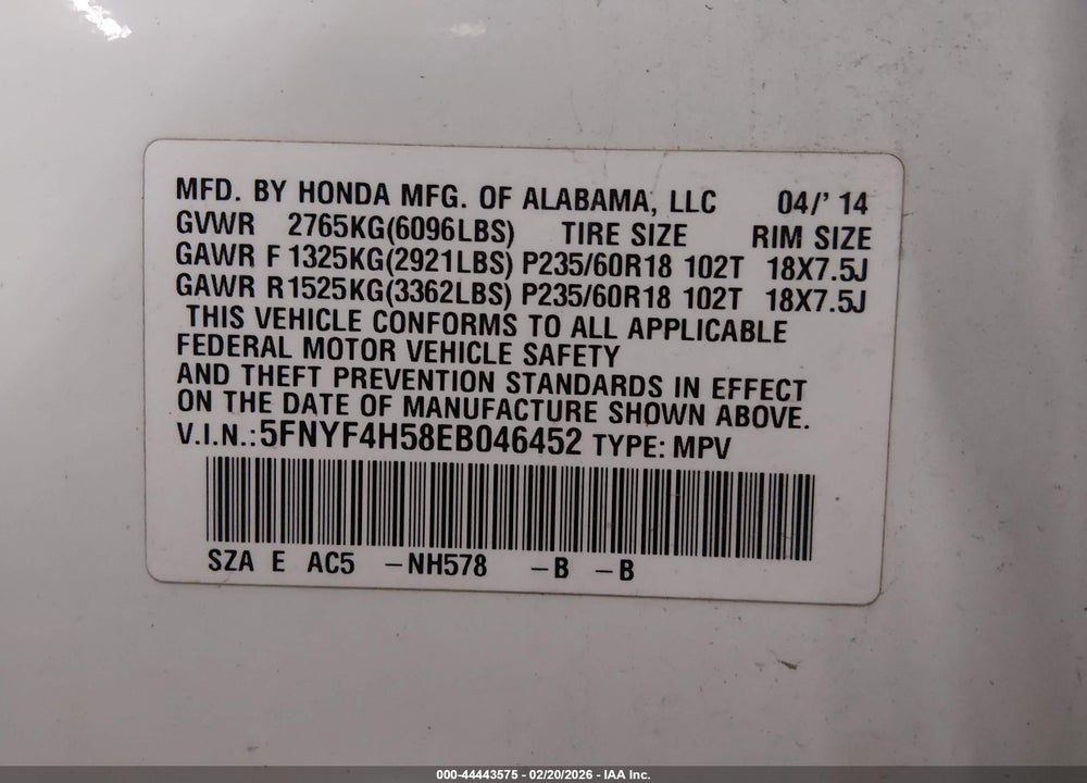 2014 HONDA PILOT EX-L VIN: 5FNYF4H58EB046452