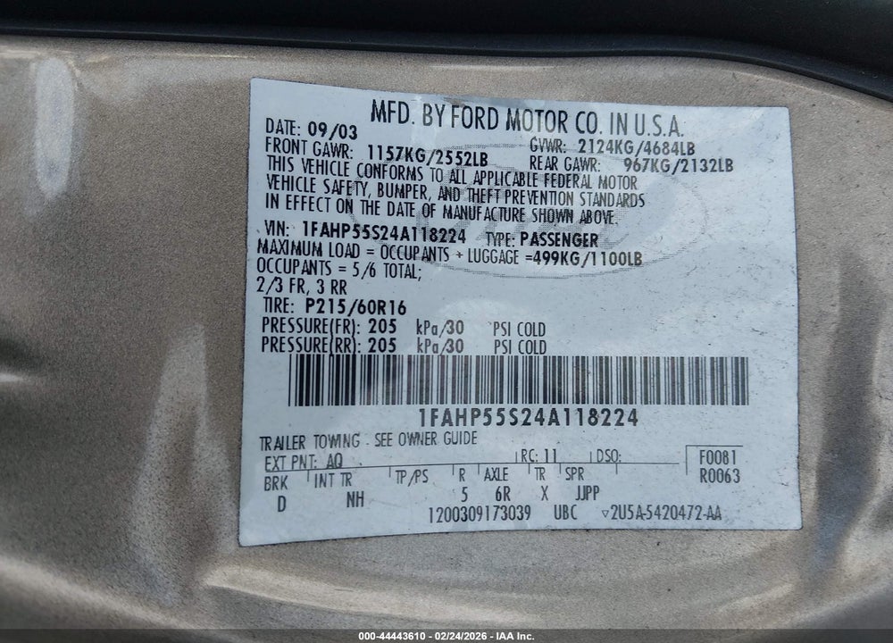 2004 FORD TAURUS SES VIN: 1FAHP55S24A118224