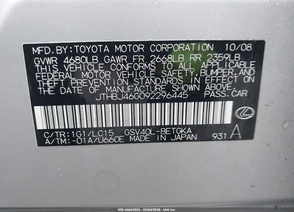 2009 LEXUS ES 350 VIN: JTHBJ46G092296445