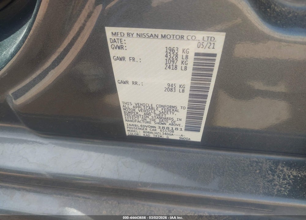 2021 NISSAN ALTIMA SV FWD VIN: 1N4BL4DV0MN388181
