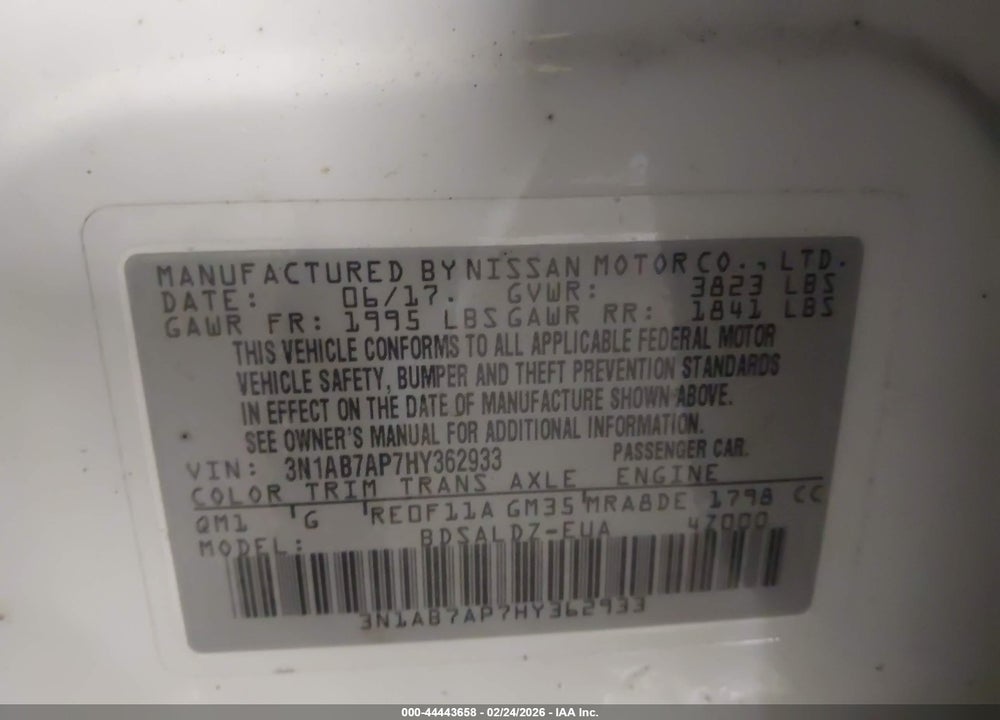 2017 NISSAN SENTRA SV VIN: 3N1AB7AP7HY362933