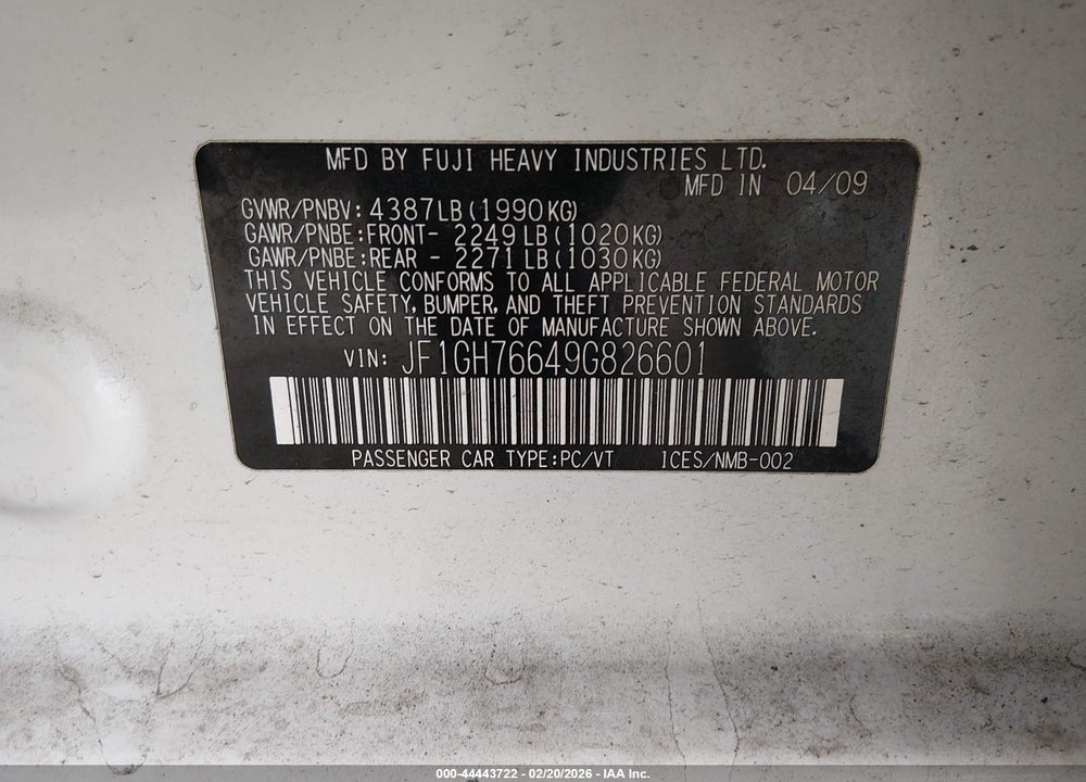 2009 SUBARU IMPREZA WRX VIN: JF1GH76649G826601