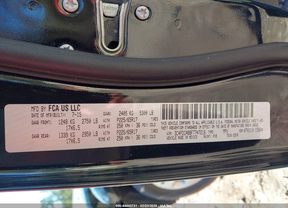 2015 DODGE JOURNEY AMERICAN VALUE PKG VIN: 3C4PDCAB8FT747216
