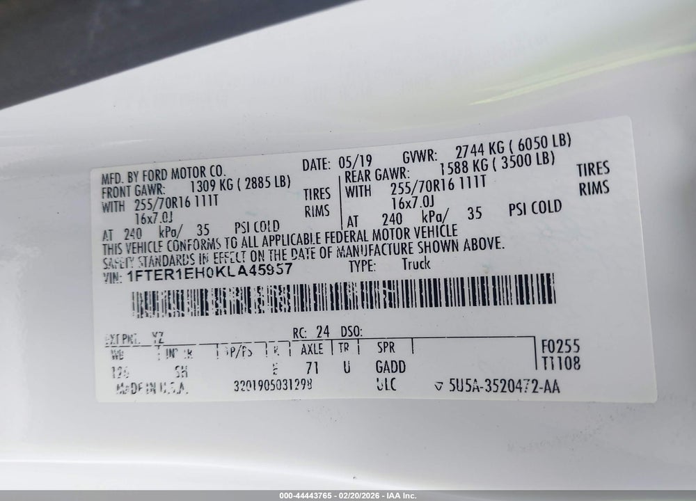 2019 FORD RANGER VIN: 1FTER1EH0KLA45957