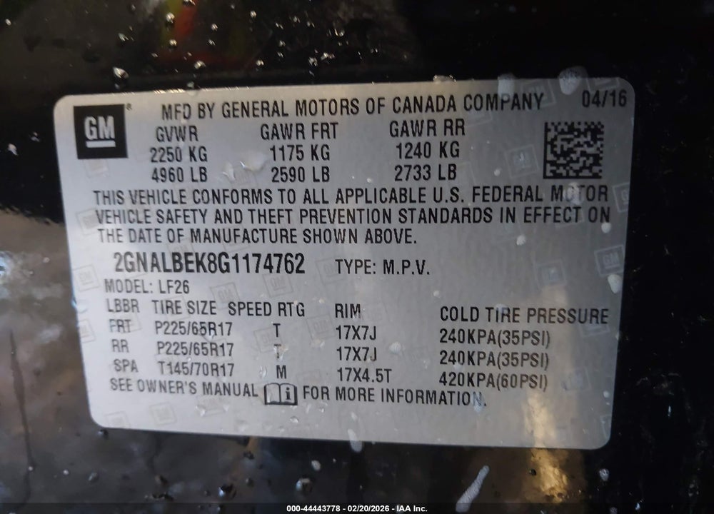 2016 CHEVROLET EQUINOX LS VIN: 2GNALBEK8G1174762