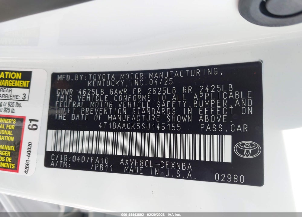 2025 TOYOTA CAMRY XSE/XLE/LE/SE VIN: 4T1DAACK5SU145155