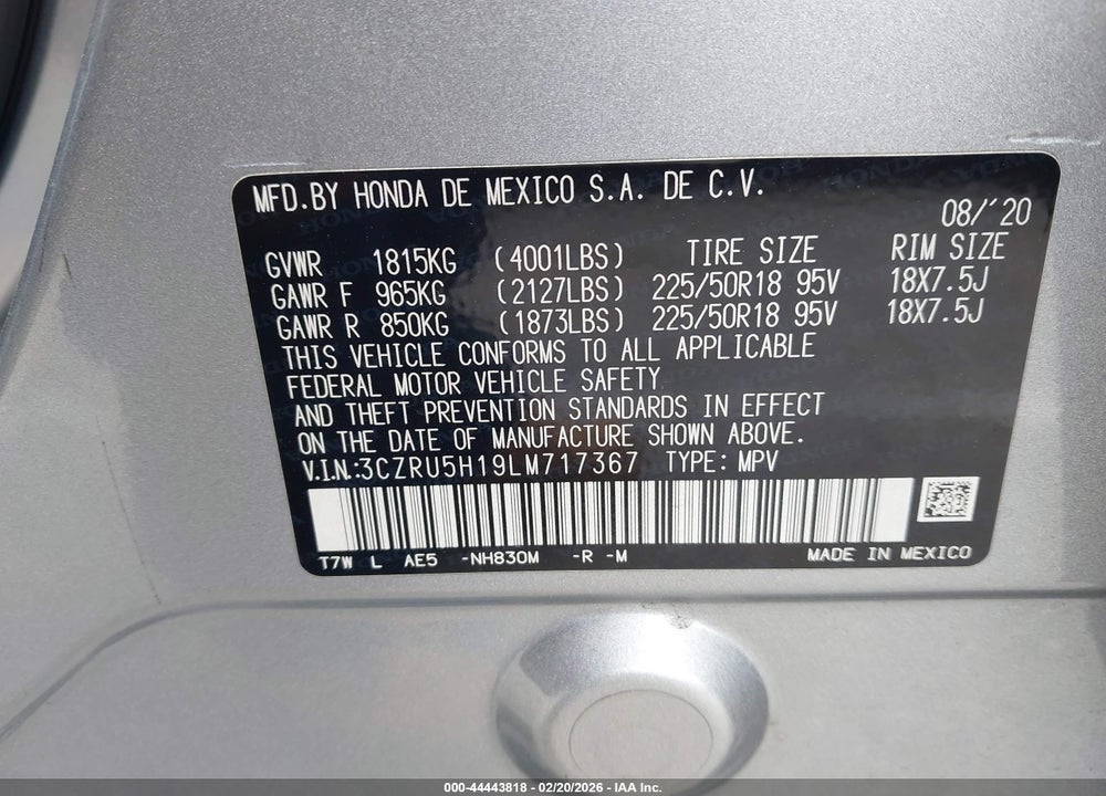 2020 HONDA HR-V 2WD SPORT VIN: 3CZRU5H19LM717367