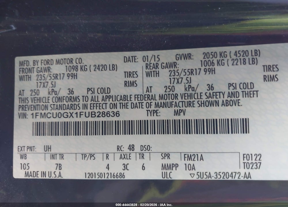 2015 FORD ESCAPE SE VIN: 1FMCU0GX1FUB28636