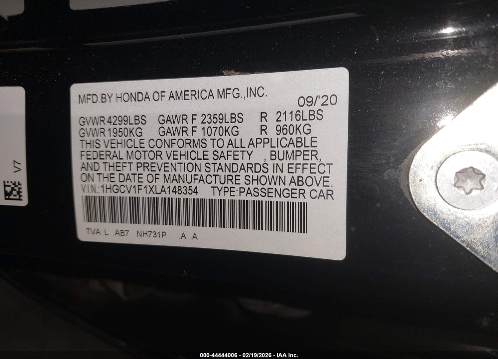 2020 HONDA ACCORD LX VIN: 1HGCV1F1XLA148354