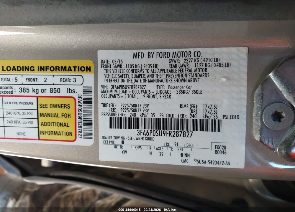 2015 FORD FUSION ENERGI TITANIUM VIN: 3FA6P0SU9FR287827