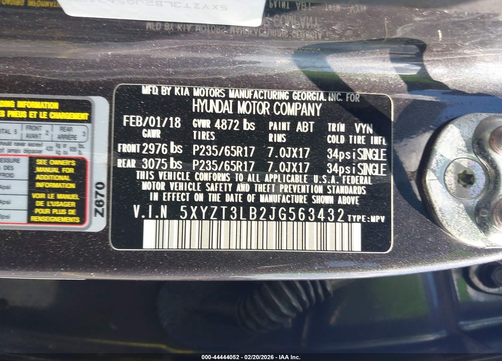 2018 HYUNDAI SANTA FE SPORT 2.4L VIN: 5XYZT3LB2JG563432