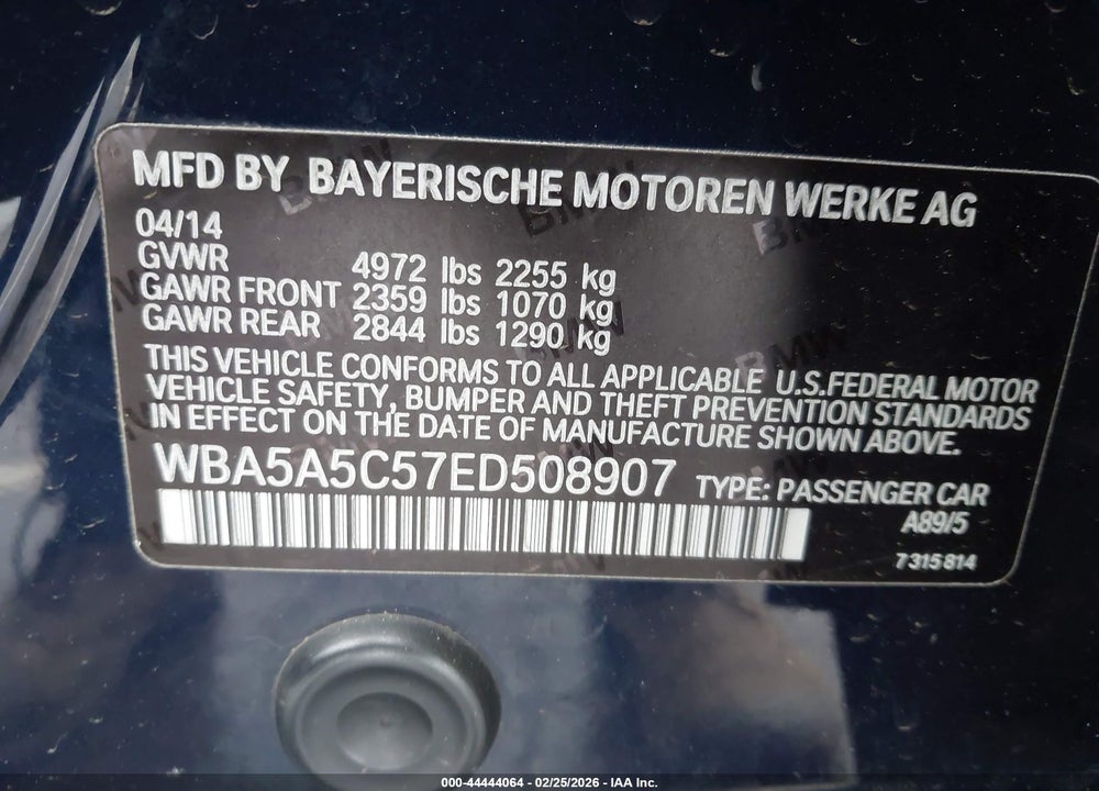 2014 BMW 528I VIN: WBA5A5C57ED508907