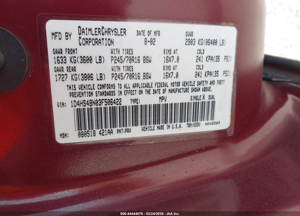2003 DODGE DURANGO SLT VIN: 1D4HS48N03F506422