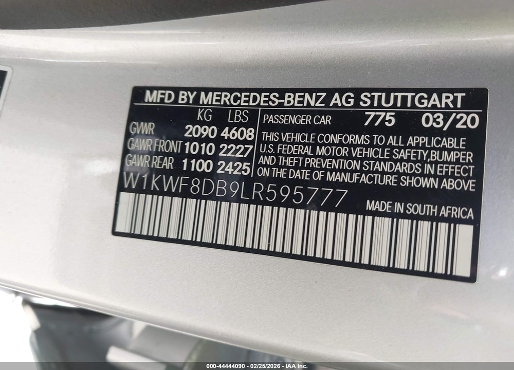 2020 MERCEDES-BENZ C 300 VIN: W1KWF8DB9LR595777