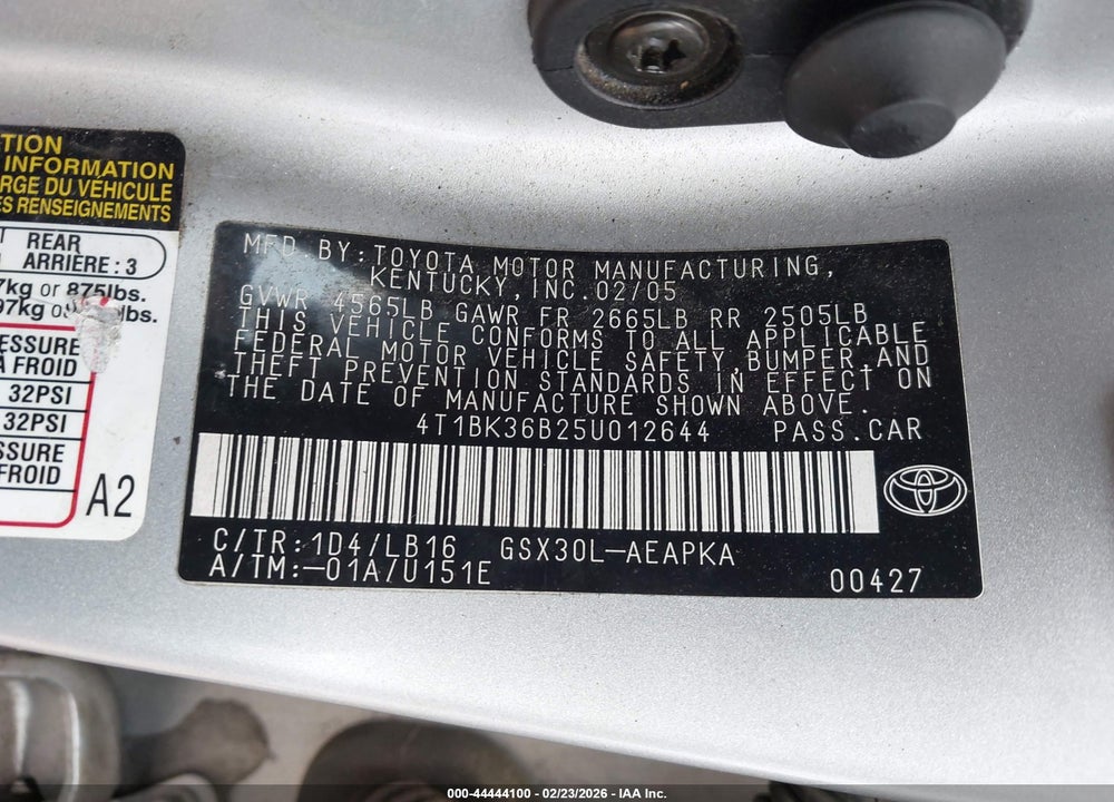 2005 TOYOTA AVALON XL/XLS/TOURING/LIMITED VIN: 4T1BK36B25U012644