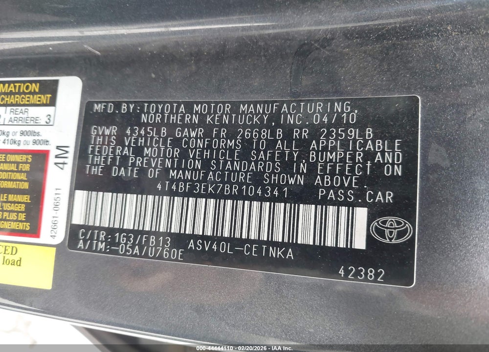 2011 TOYOTA CAMRY LE VIN: 4T4BF3EK7BR104341