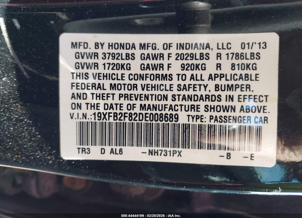 2013 HONDA CIVIC EX VIN: 19XFB2F82DE008689