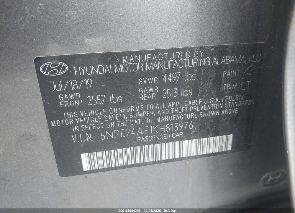 2019 HYUNDAI SONATA SE VIN: 5NPE24AF1KH813976