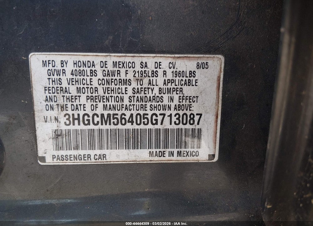 2005 HONDA ACCORD 2.4 LX VIN: 3HGCM56405G713087