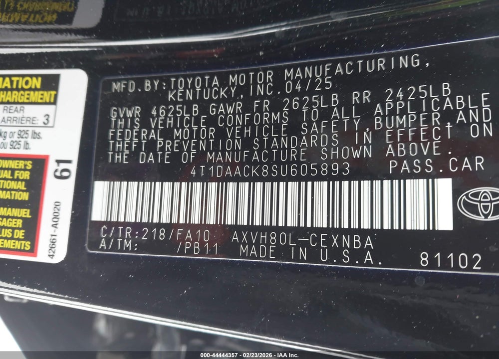 2025 TOYOTA CAMRY LE VIN: 4T1DAACK8SU605893