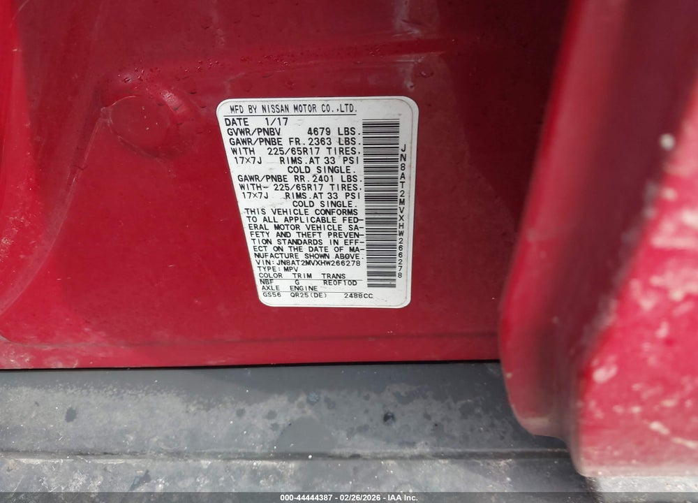 2017 NISSAN ROGUE SV VIN: JN8AT2MVXHW266278