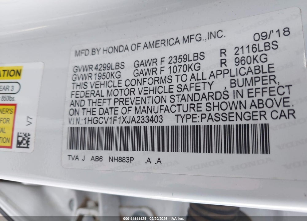 2018 HONDA ACCORD LX VIN: 1HGCV1F1XJA233403