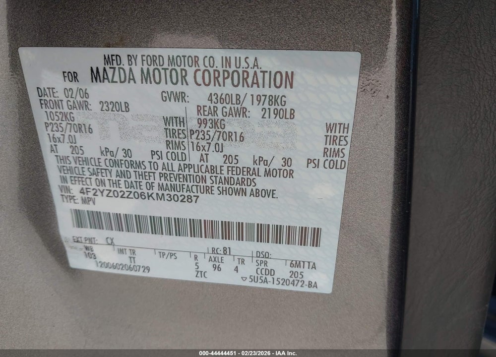 2006 MAZDA TRIBUTE I VIN: 4F2YZ02Z06KM30287