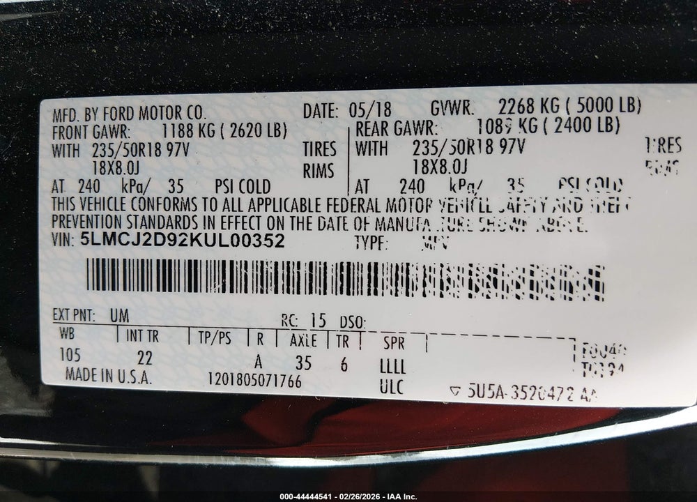2019 LINCOLN MKC SELECT VIN: 5LMCJ2D92KUL00352