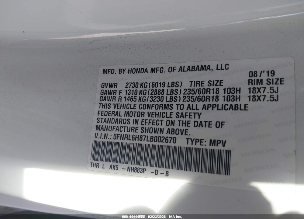 2020 HONDA ODYSSEY TOURING VIN: 5FNRL6H87LB002670