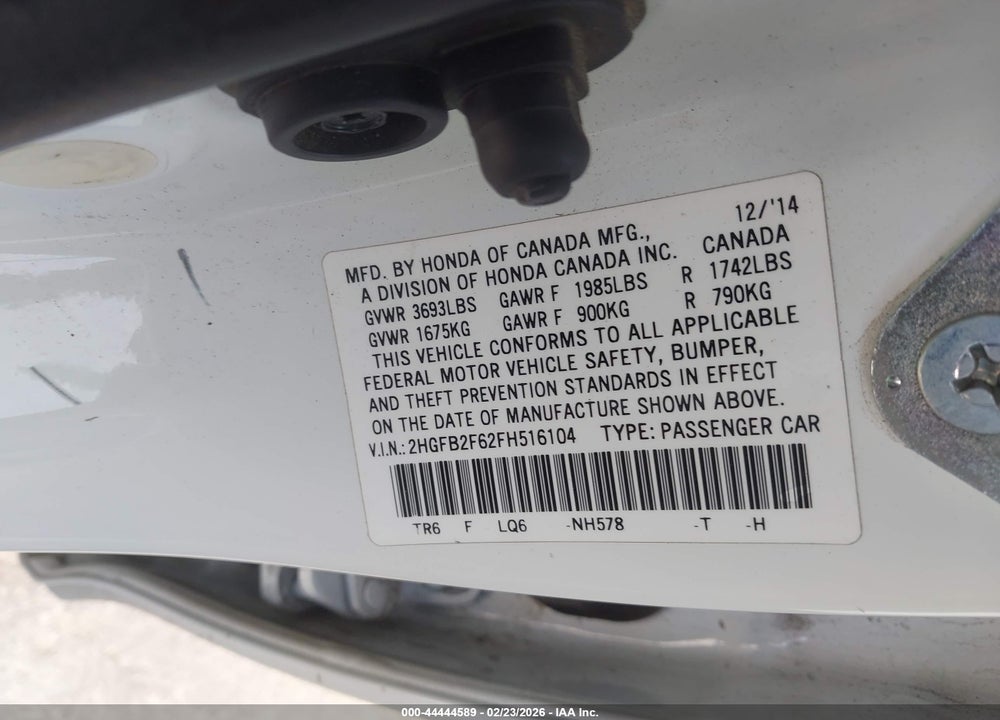 2015 HONDA CIVIC HF VIN: 2HGFB2F62FH516104