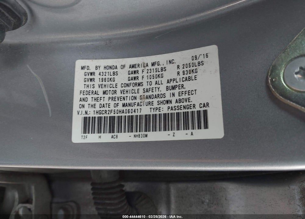 2017 HONDA ACCORD SPORT VIN: 1HGCR2F50HA060417