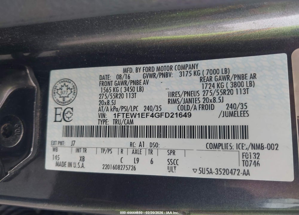 2016 FORD F-150 XLT VIN: 1FTEW1EF4GFD21649