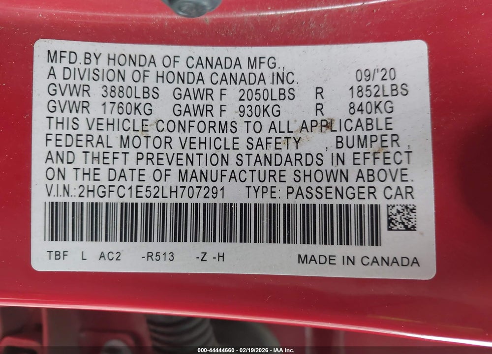 2020 HONDA CIVIC SI SEDAN VIN: 2HGFC1E52LH707291