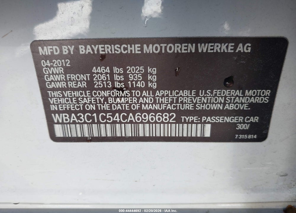 2012 BMW 3 SERIES 328I VIN: WBA3C1C54CA696682