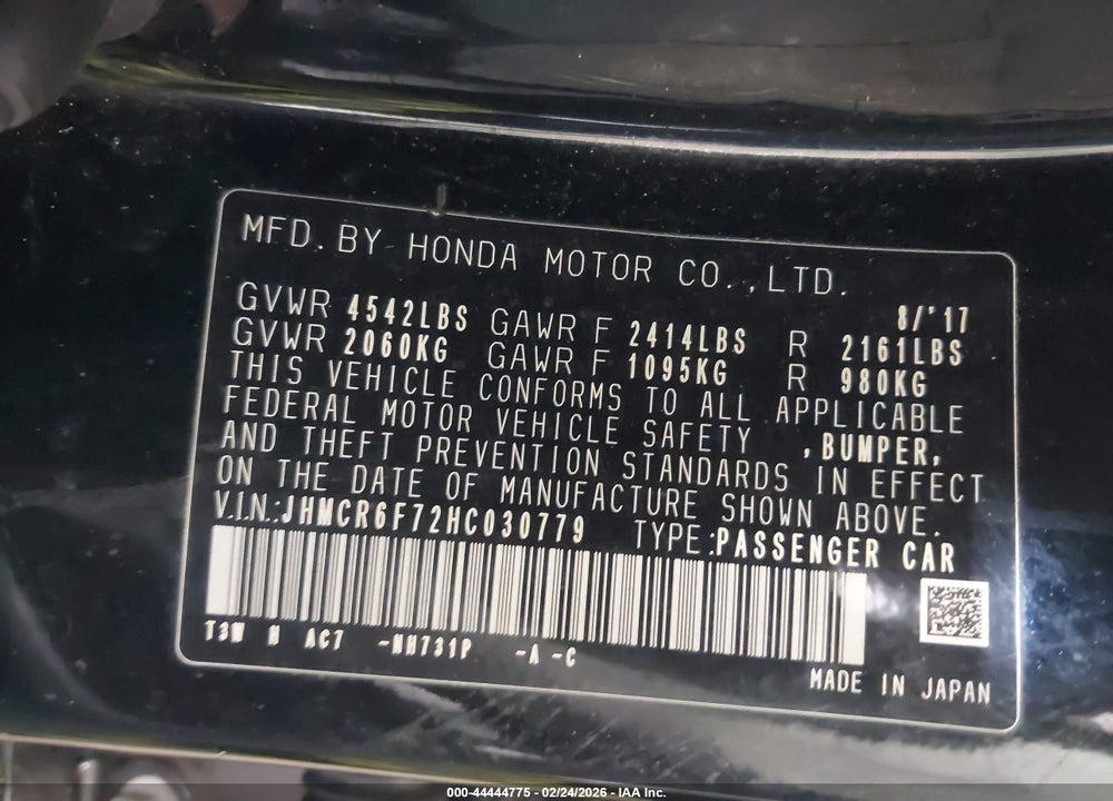 2017 HONDA ACCORD HYBRID TOURING VIN: JHMCR6F72HC030779