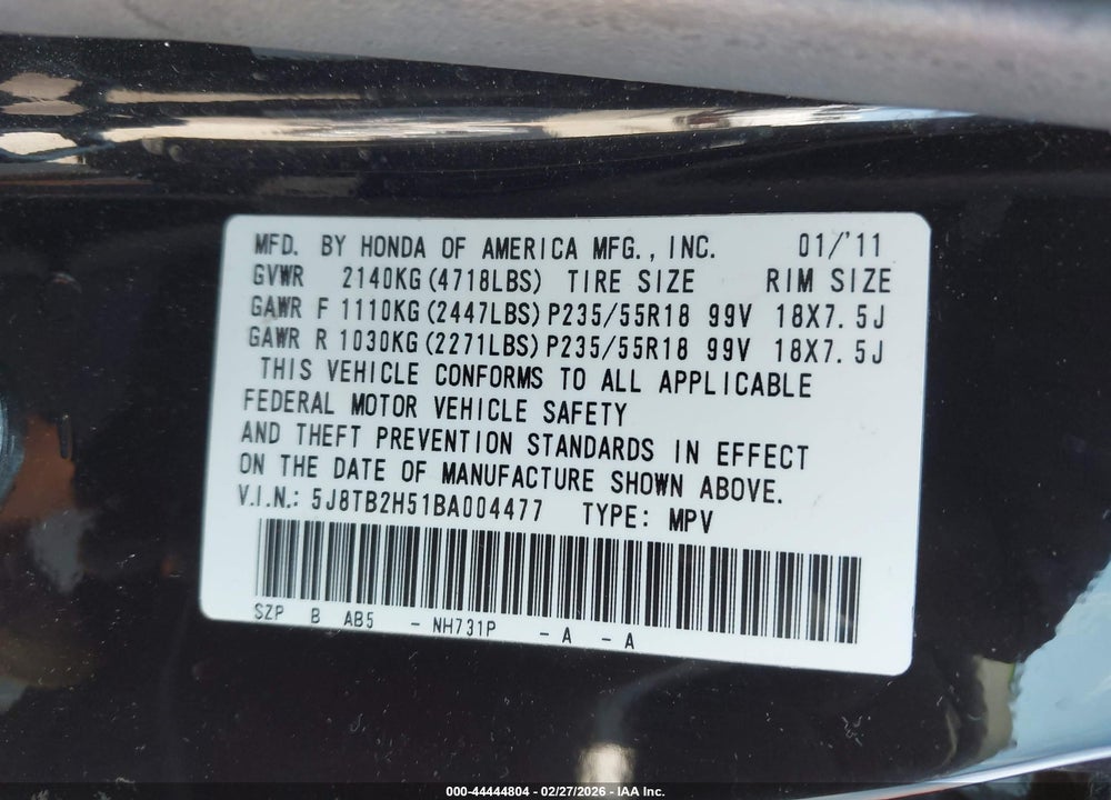 2011 ACURA RDX TECH PKG VIN: 5J8TB2H51BA004477