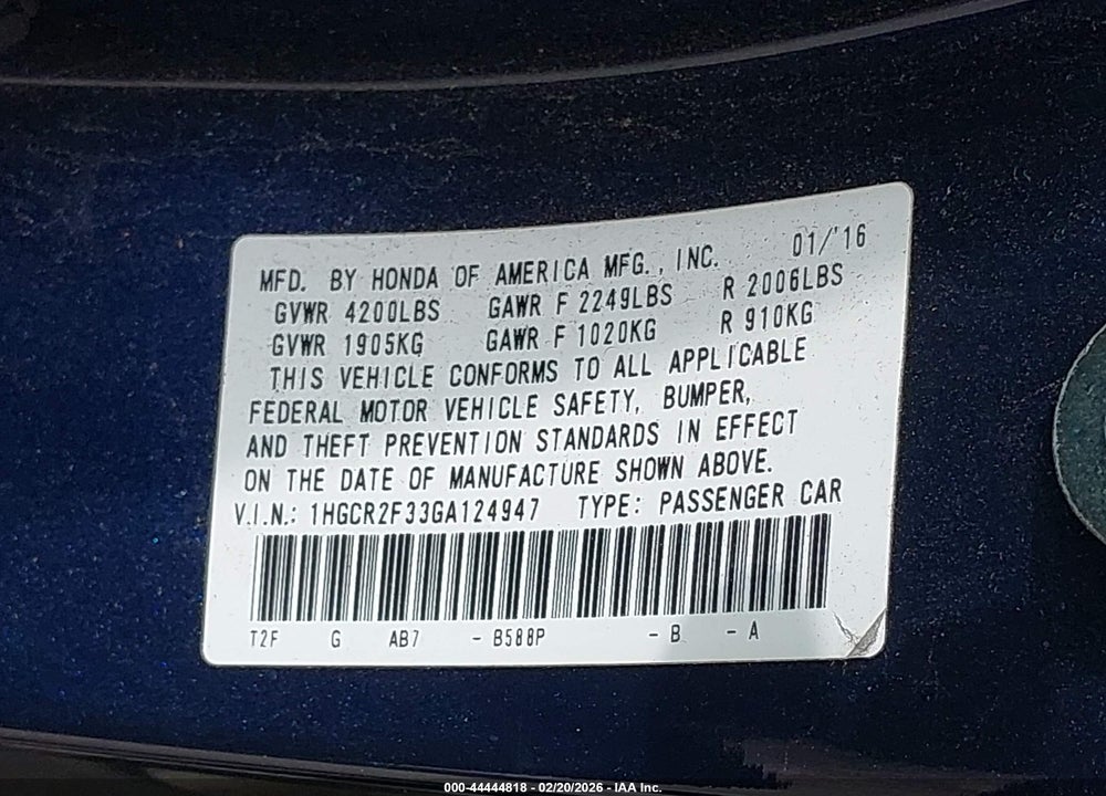 2016 HONDA ACCORD LX VIN: 1HGCR2F33GA124947