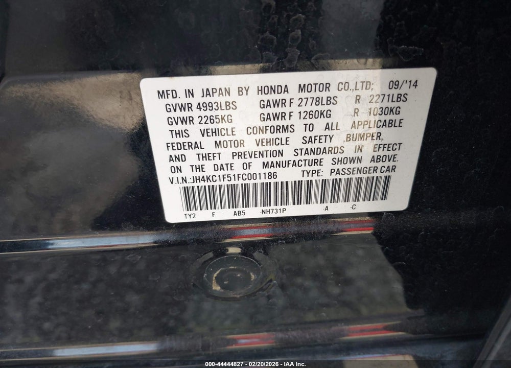 2015 ACURA RLX VIN: JH4KC1F51FC001186