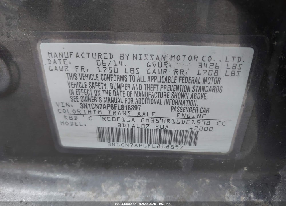 2015 NISSAN VERSA 1.6 SV VIN: 3N1CN7AP6FL818897