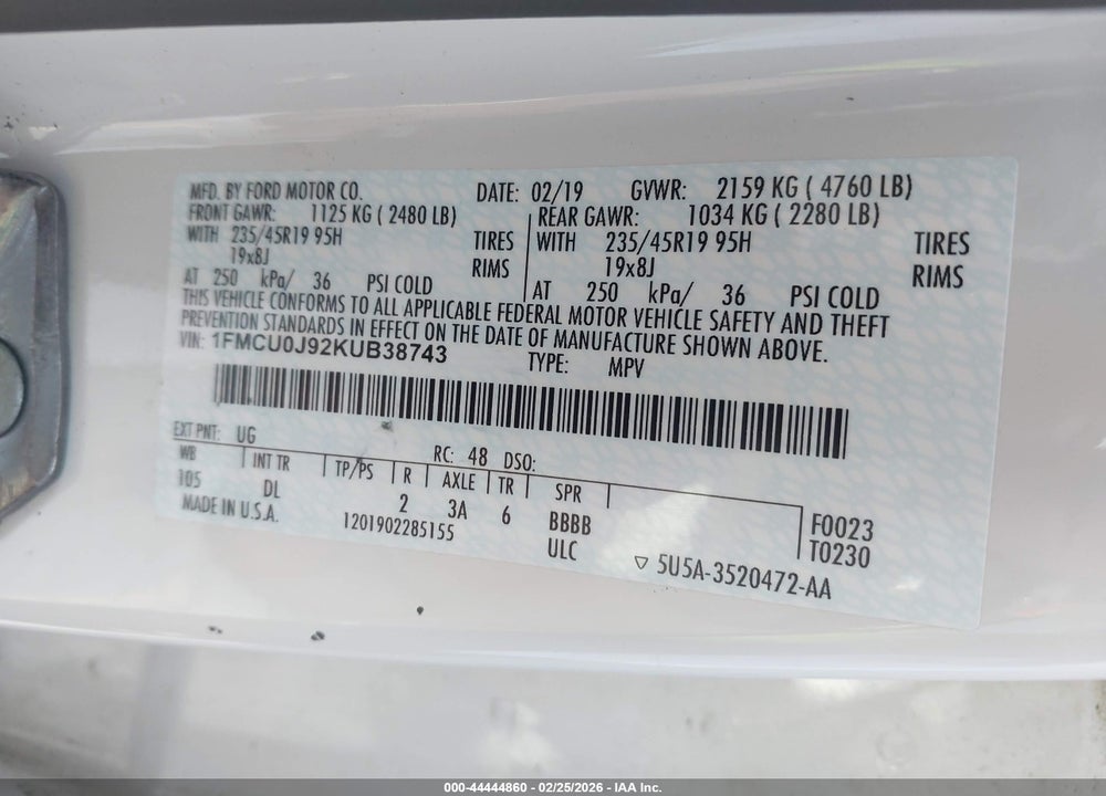 2019 FORD ESCAPE TITANIUM VIN: 1FMCU0J92KUB38743