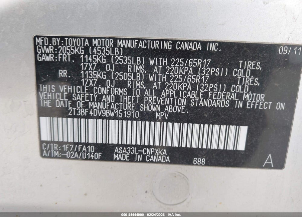 2011 TOYOTA RAV4 VIN: 2T3BF4DV9BW151910